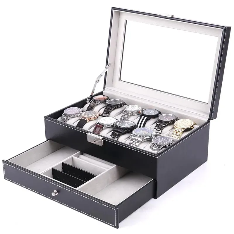 12X SLOTS DOUBLE LAYERS LEATHER WATCH STORAGE BOX