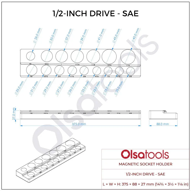 2-Row Magnetic Socket Holder Marked With Socket Sizes