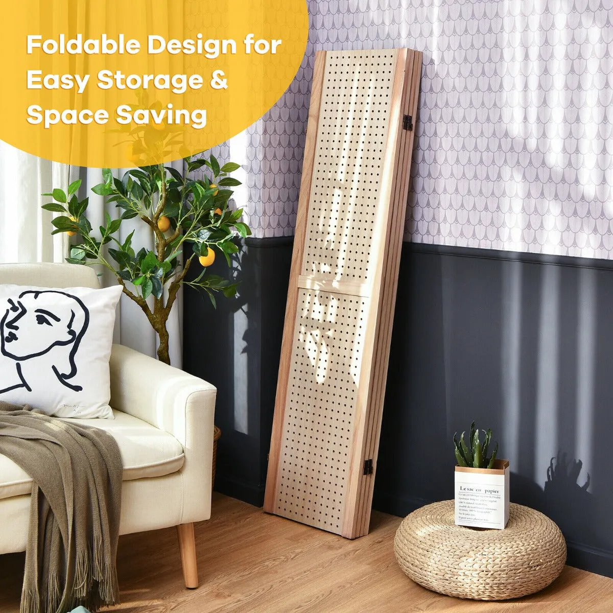 4 Panel Folding Wooden Room Divider with Pegboard Display