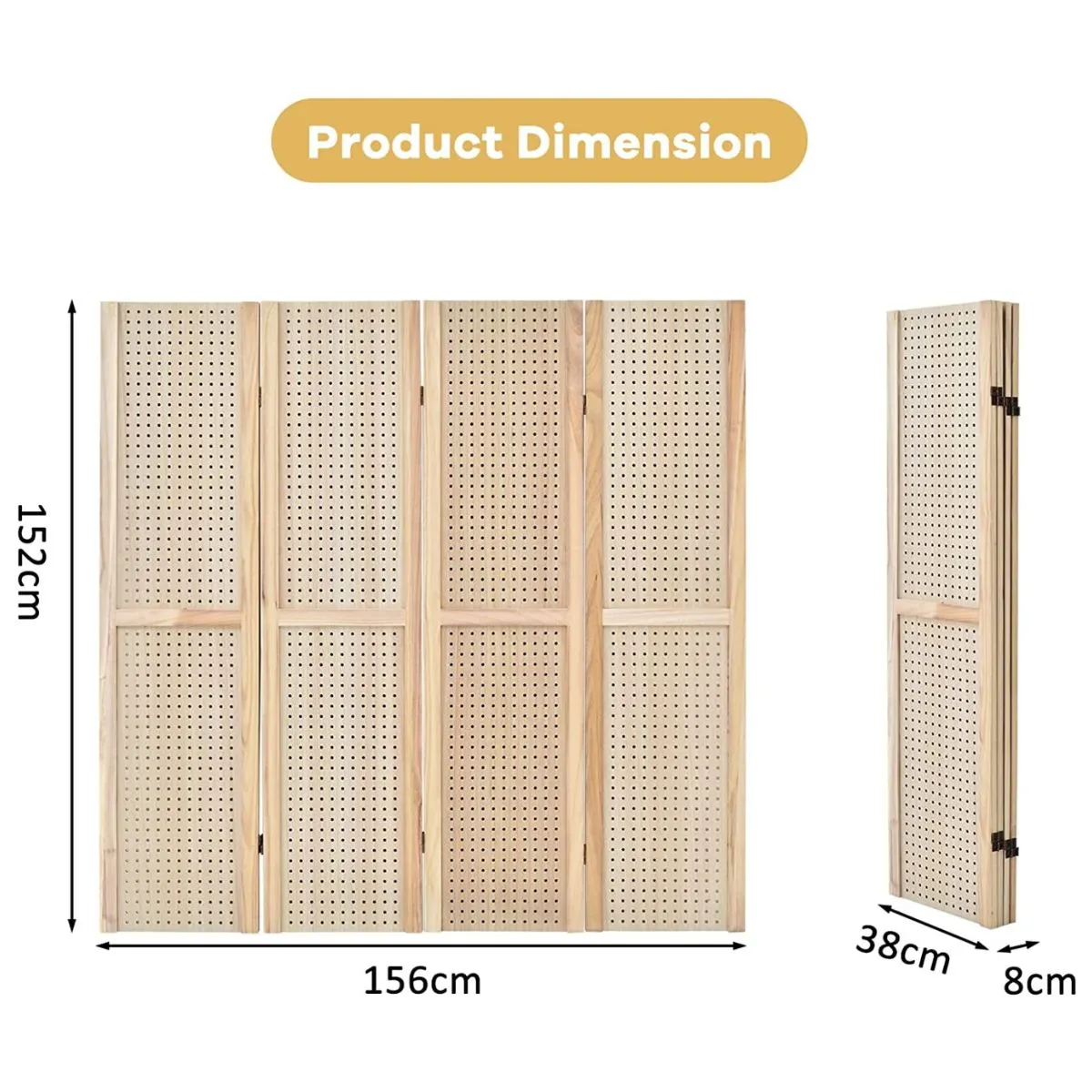 4 Panel Folding Wooden Room Divider with Pegboard Display