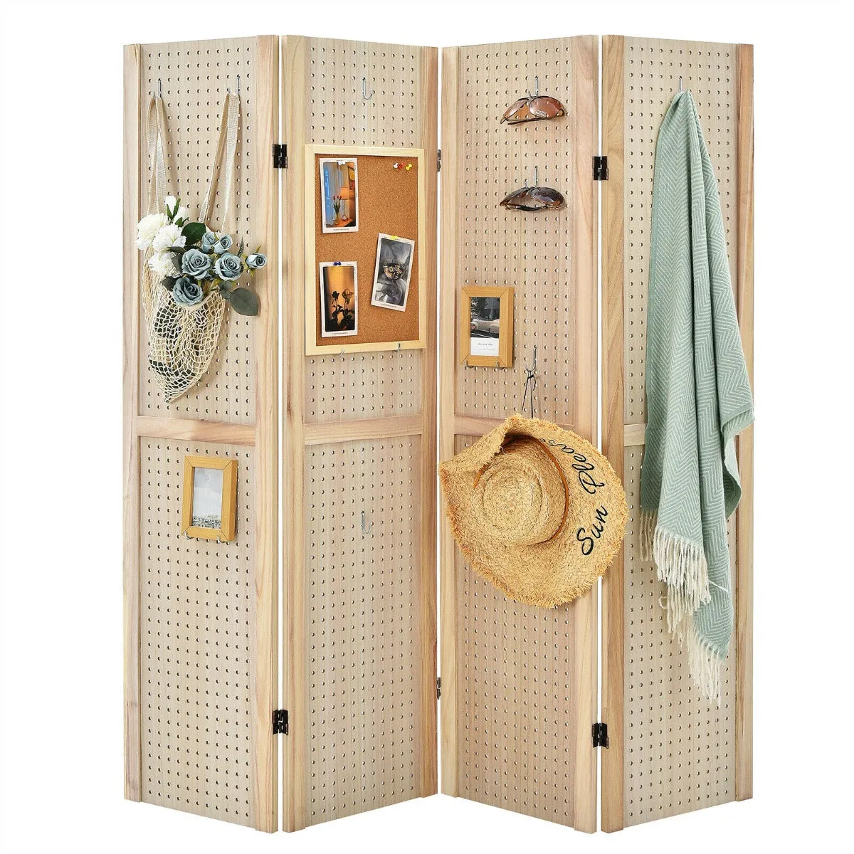 4 Panel Folding Wooden Room Divider with Pegboard Display