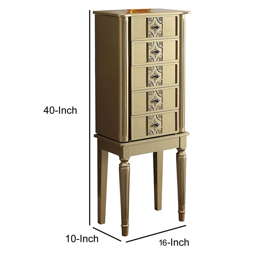 5 Drawer Wooden Jewelry Armoire with Knobs and Fluted Turned Legs, Gold