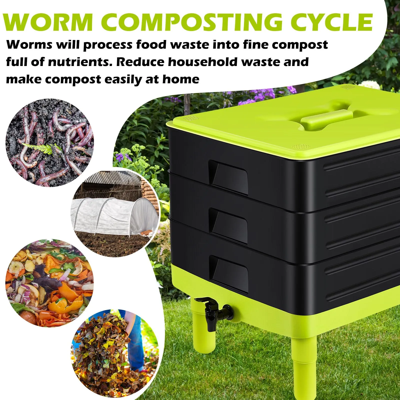 60L Large 3-Tray Worm Composter with Spigot – Indoor/Outdoor