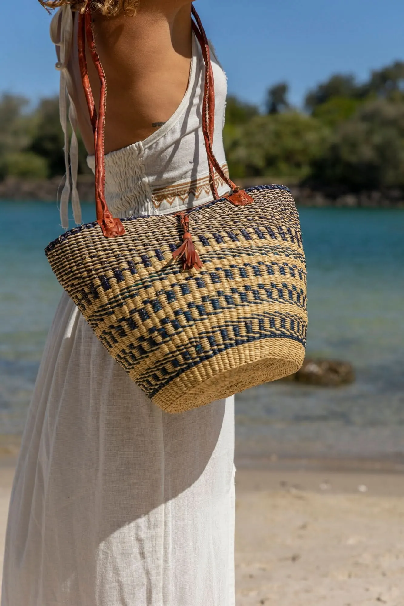 African Woven Basket in Blue and Natural - Wholesale