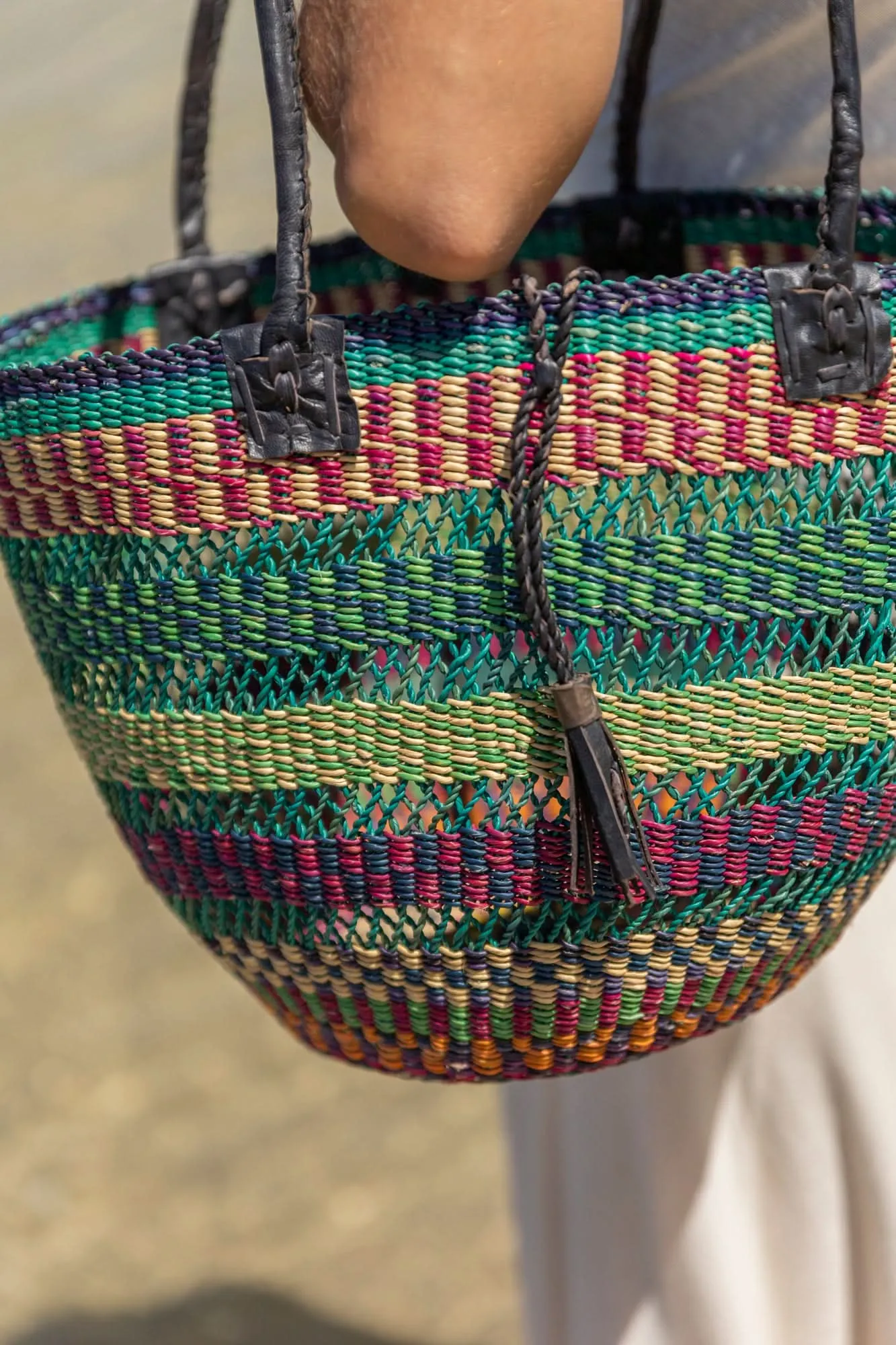 African Woven Basket in Blue Red Green