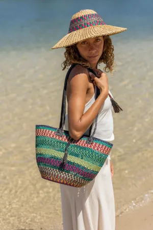 African Woven Basket in Blue Red Green