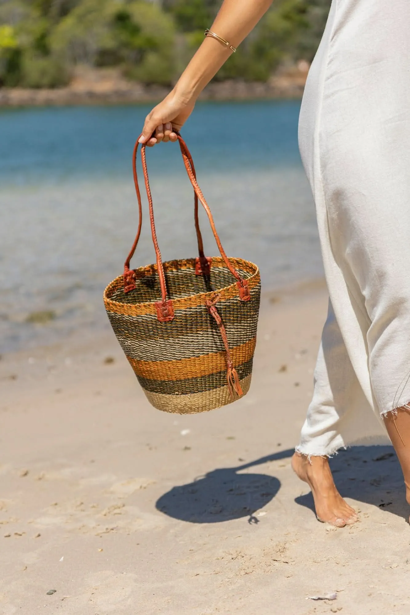 African Woven Basket in Brown Orange - Wholesale