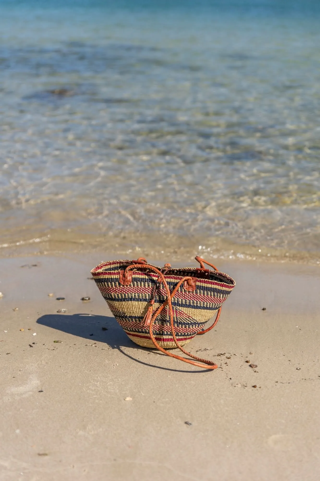 African Woven Basket in Red Dark Blue