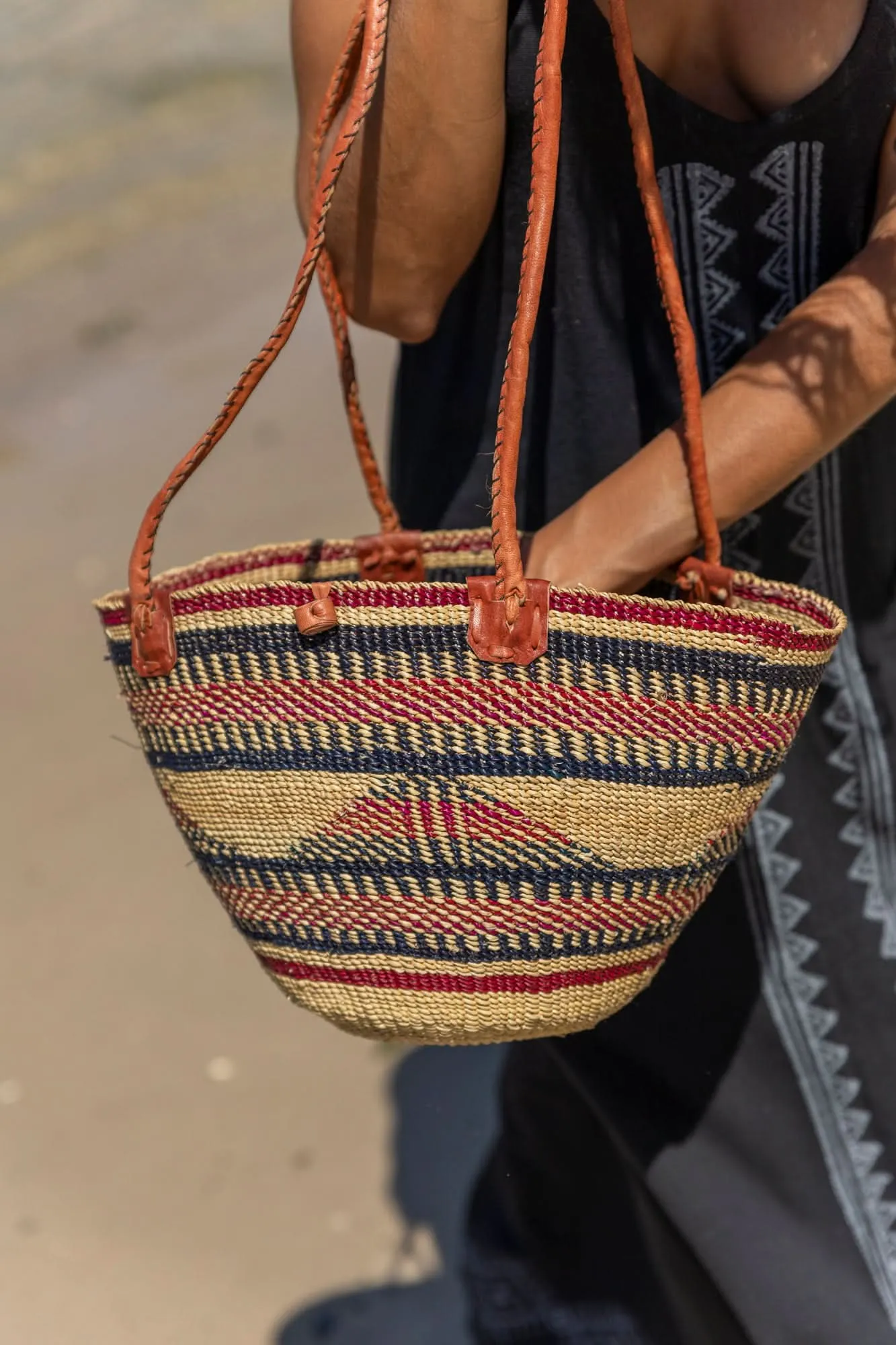 African Woven Basket in Red Dark Blue