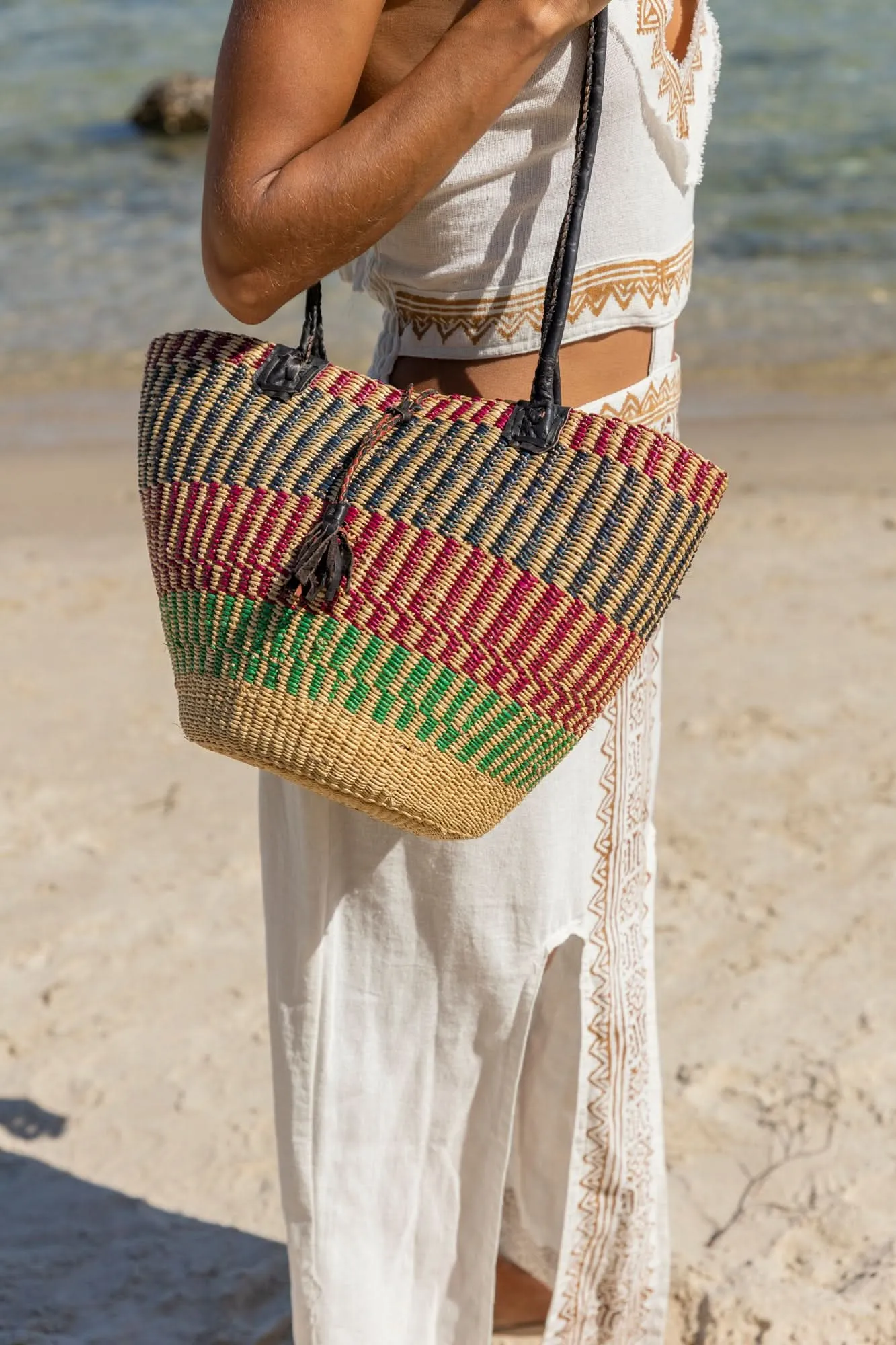 African Woven Basket in Red Green