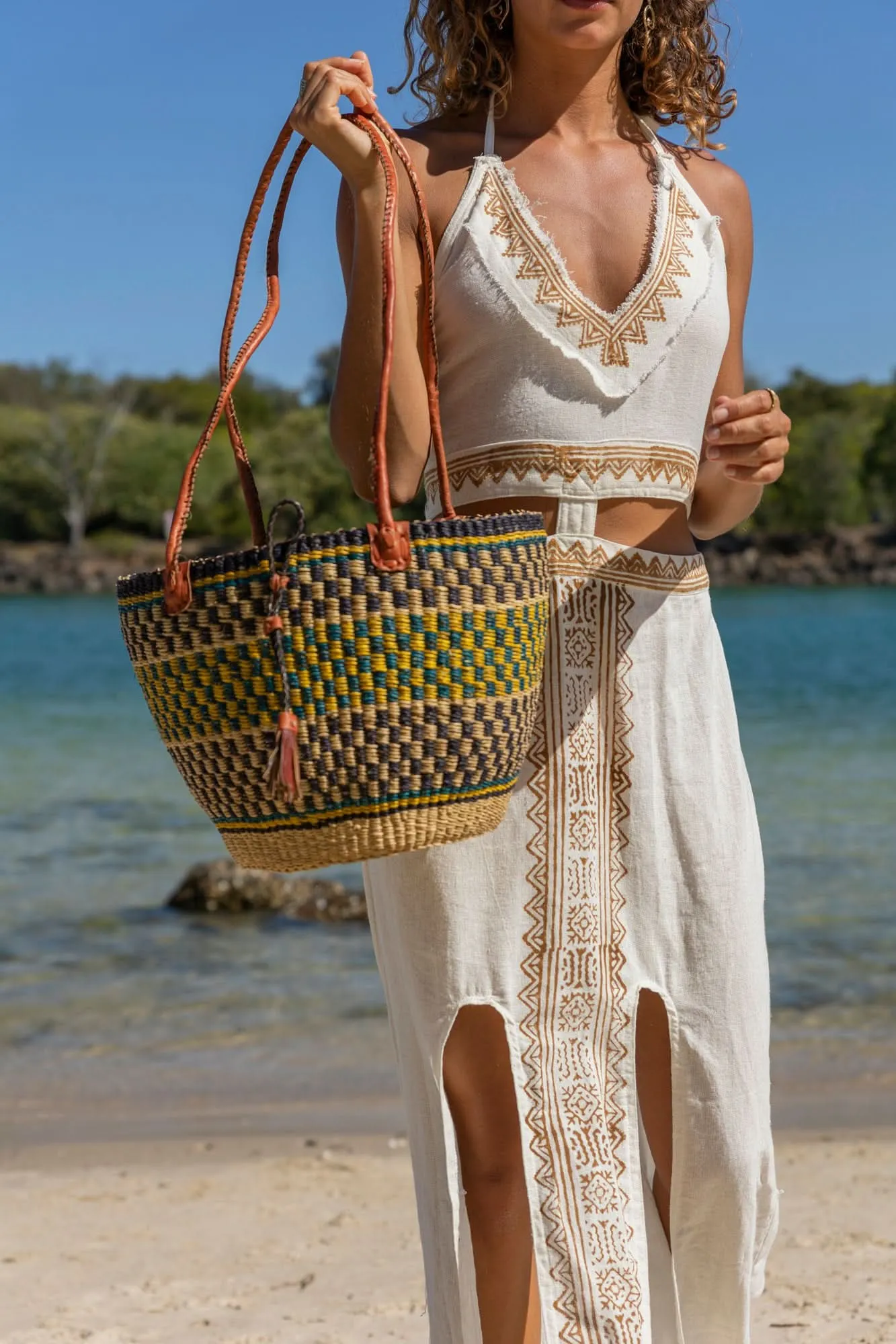 African Woven Basket in Yellow Blue