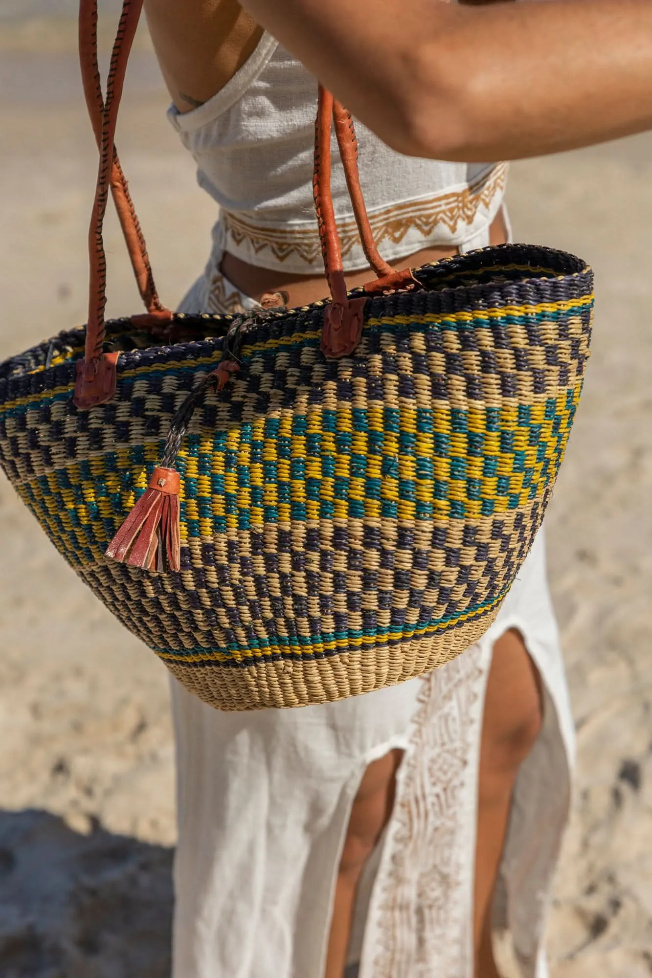 African Woven Basket in Yellow Blue