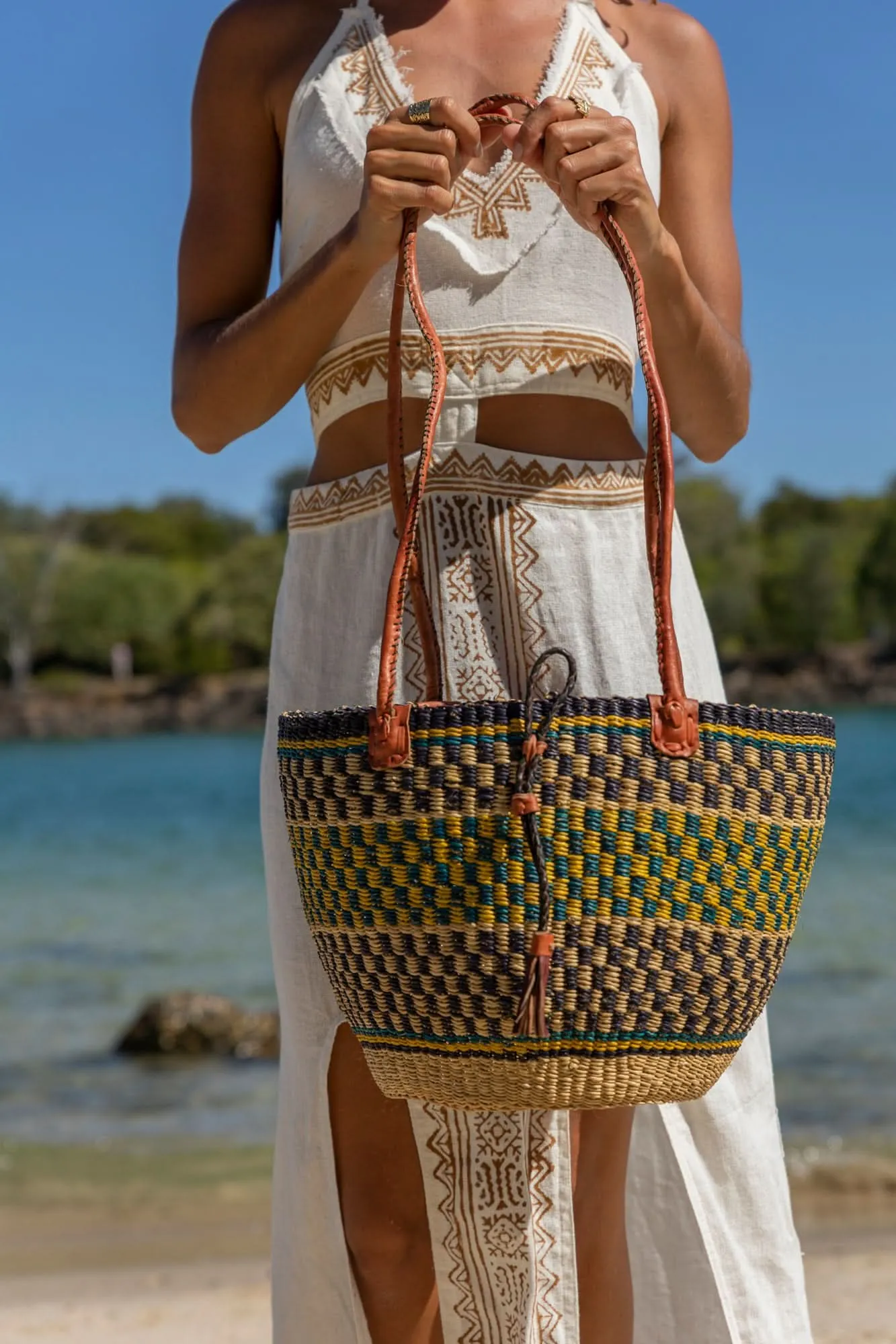 African Woven Basket in Yellow Blue