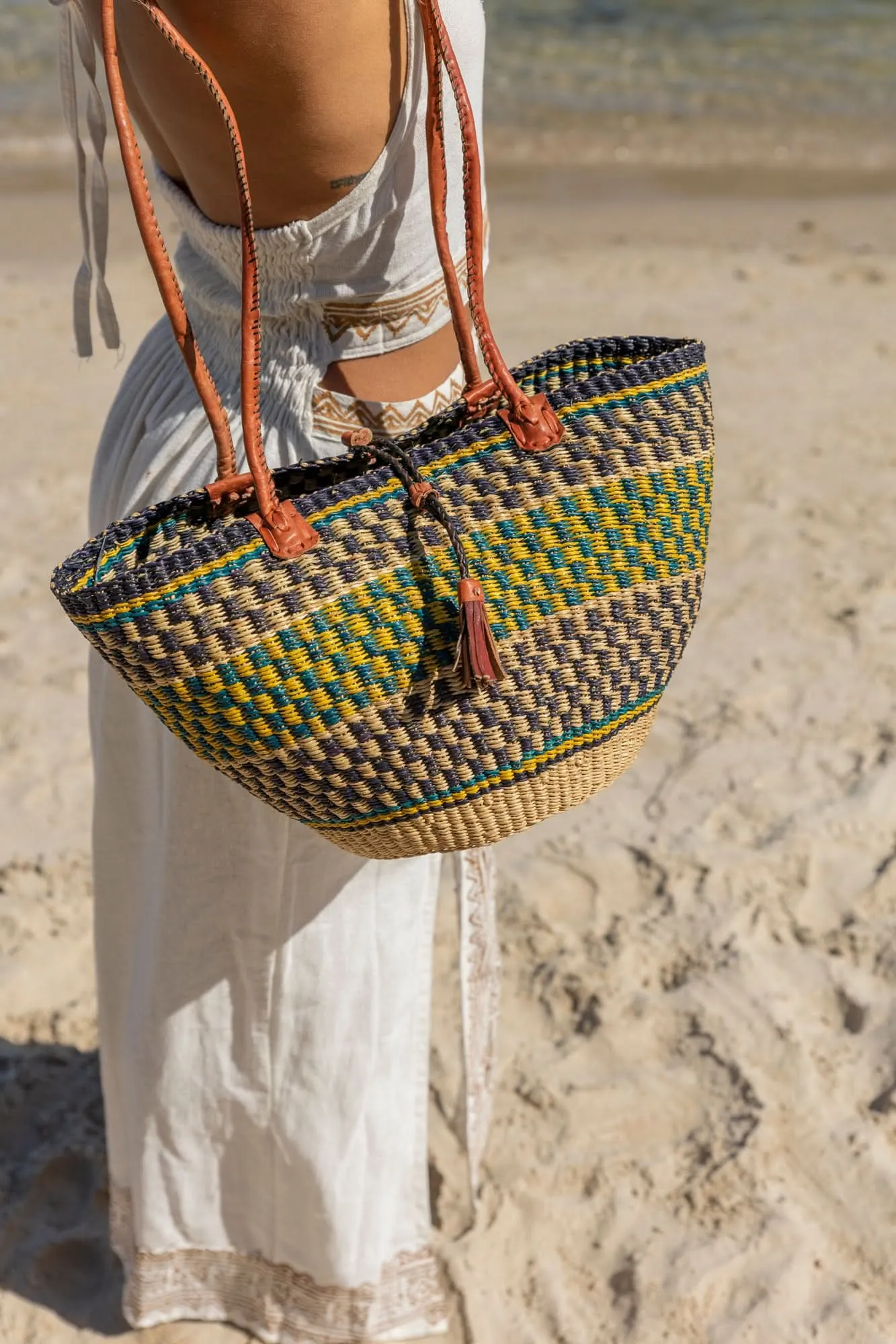 African Woven Basket in Yellow Blue