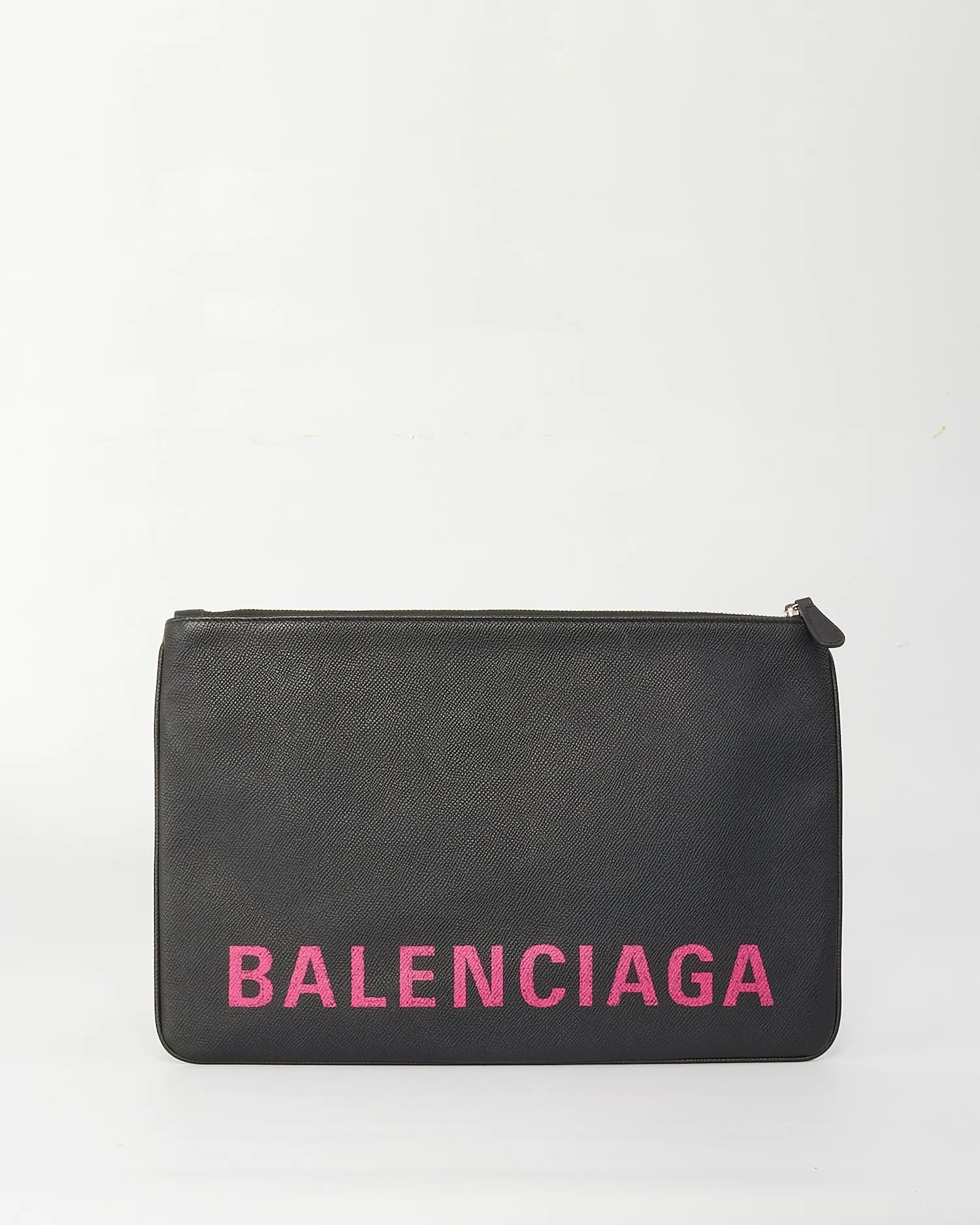 Balenciaga Black Leather Pink Logo Ville Zipper Pouch