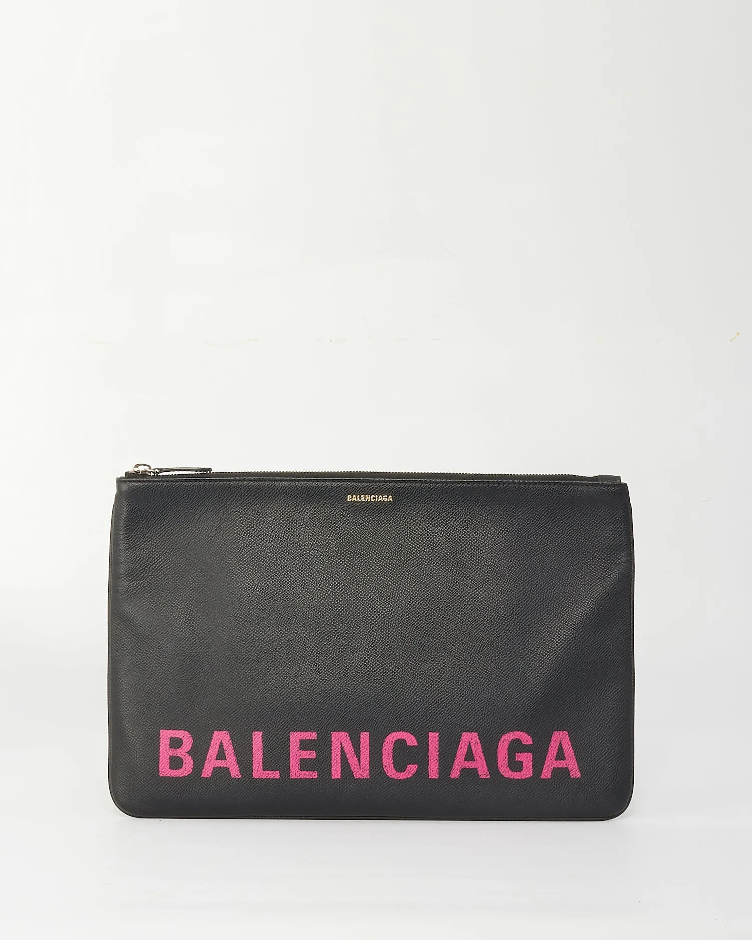 Balenciaga Black Leather Pink Logo Ville Zipper Pouch