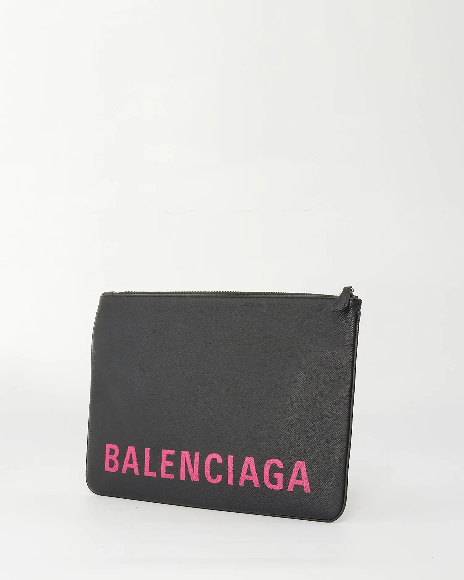 Balenciaga Black Leather Pink Logo Ville Zipper Pouch