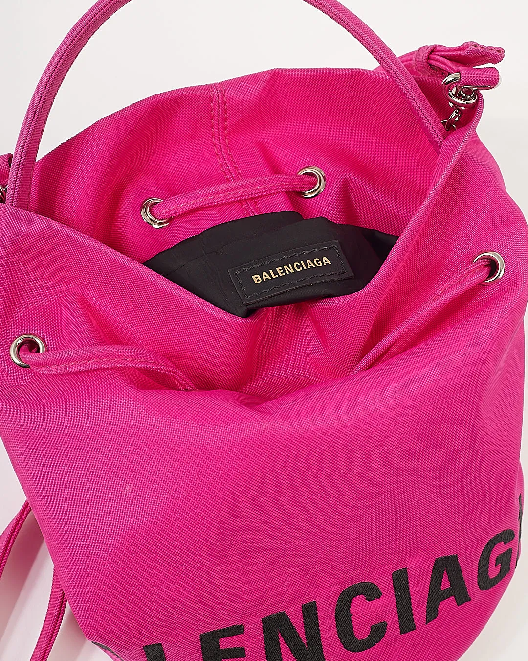 Balenciaga Fuchsia Pink Mini Logo Wheel Bucket Bag