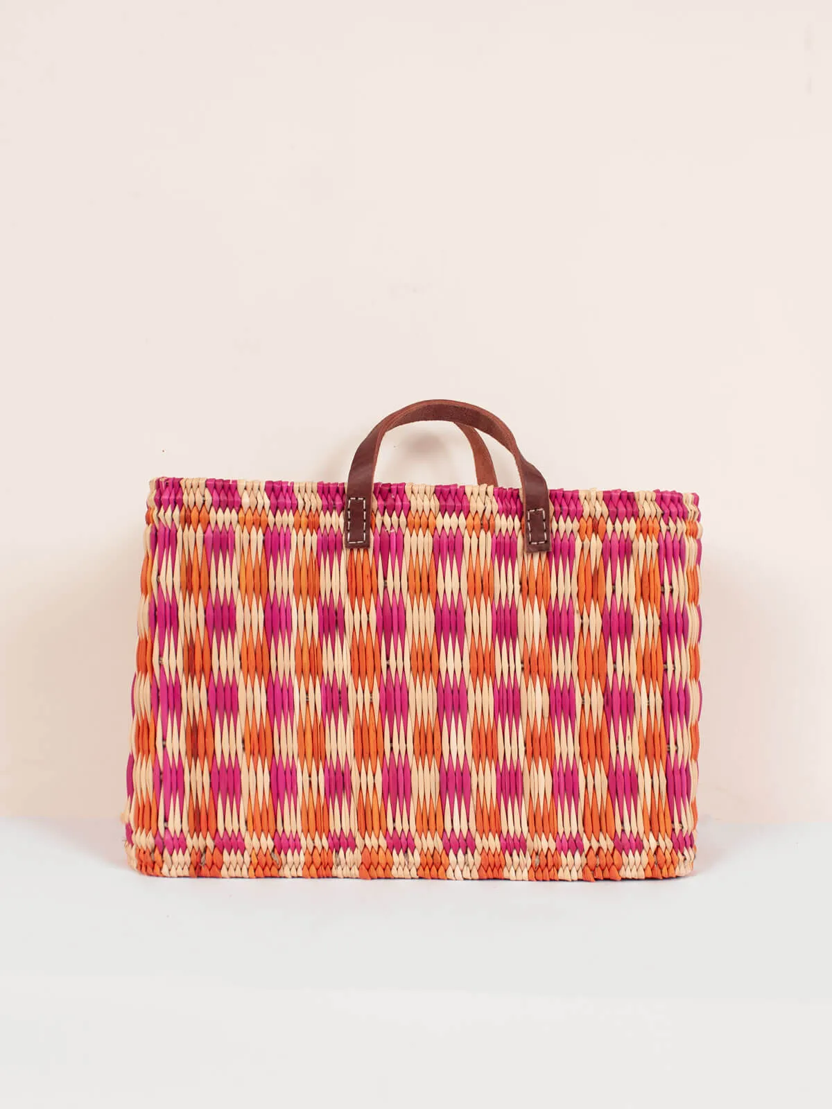 Chequered Reed Basket, Pink   Orange