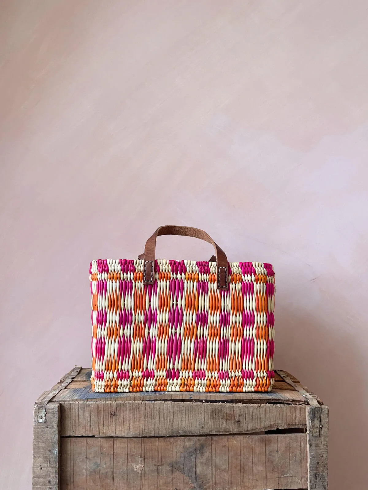 Chequered Reed Basket, Pink   Orange