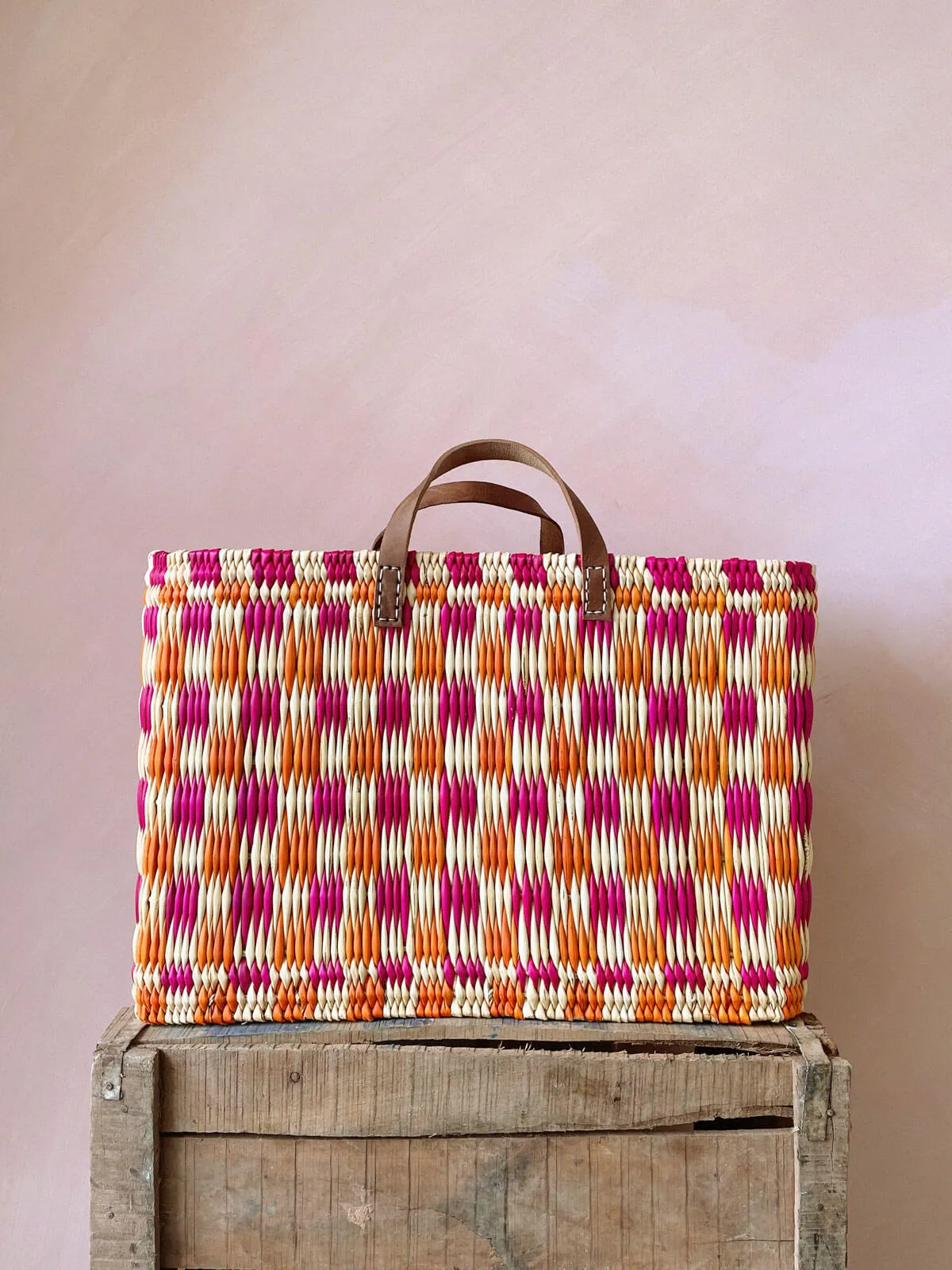 Chequered Reed Basket, Pink   Orange