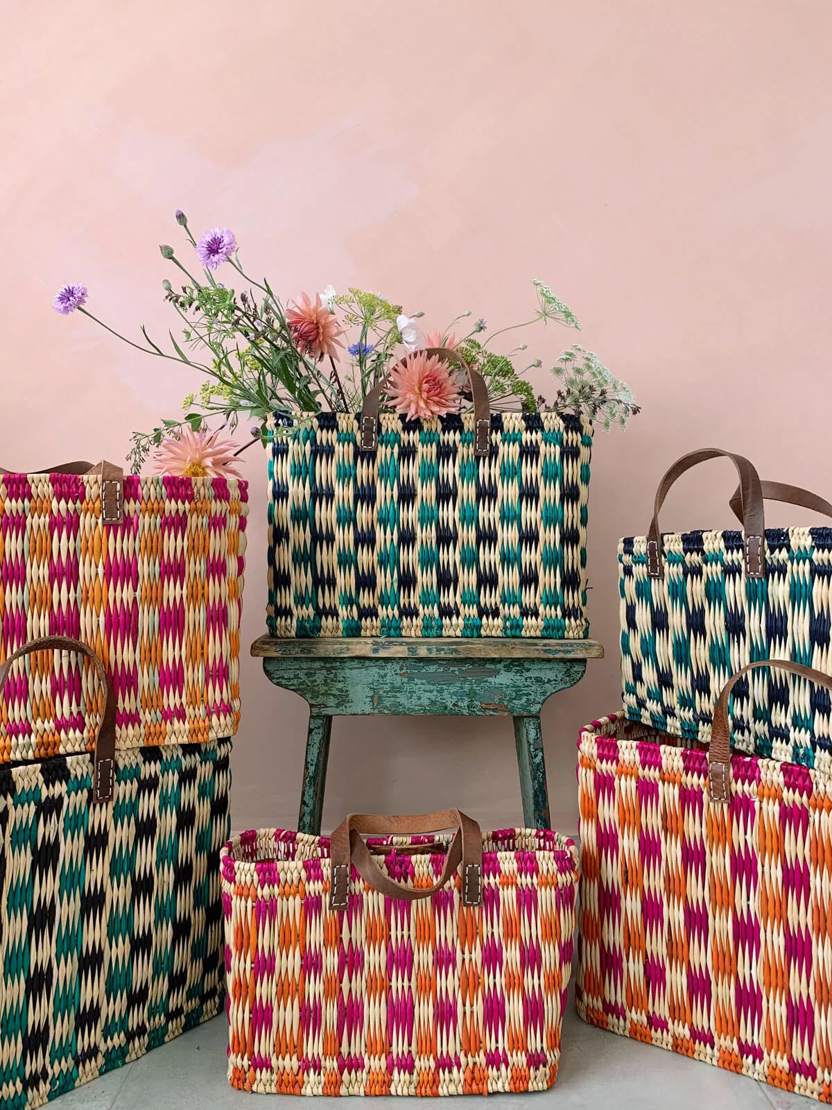 Chequered Reed Basket, Pink   Orange