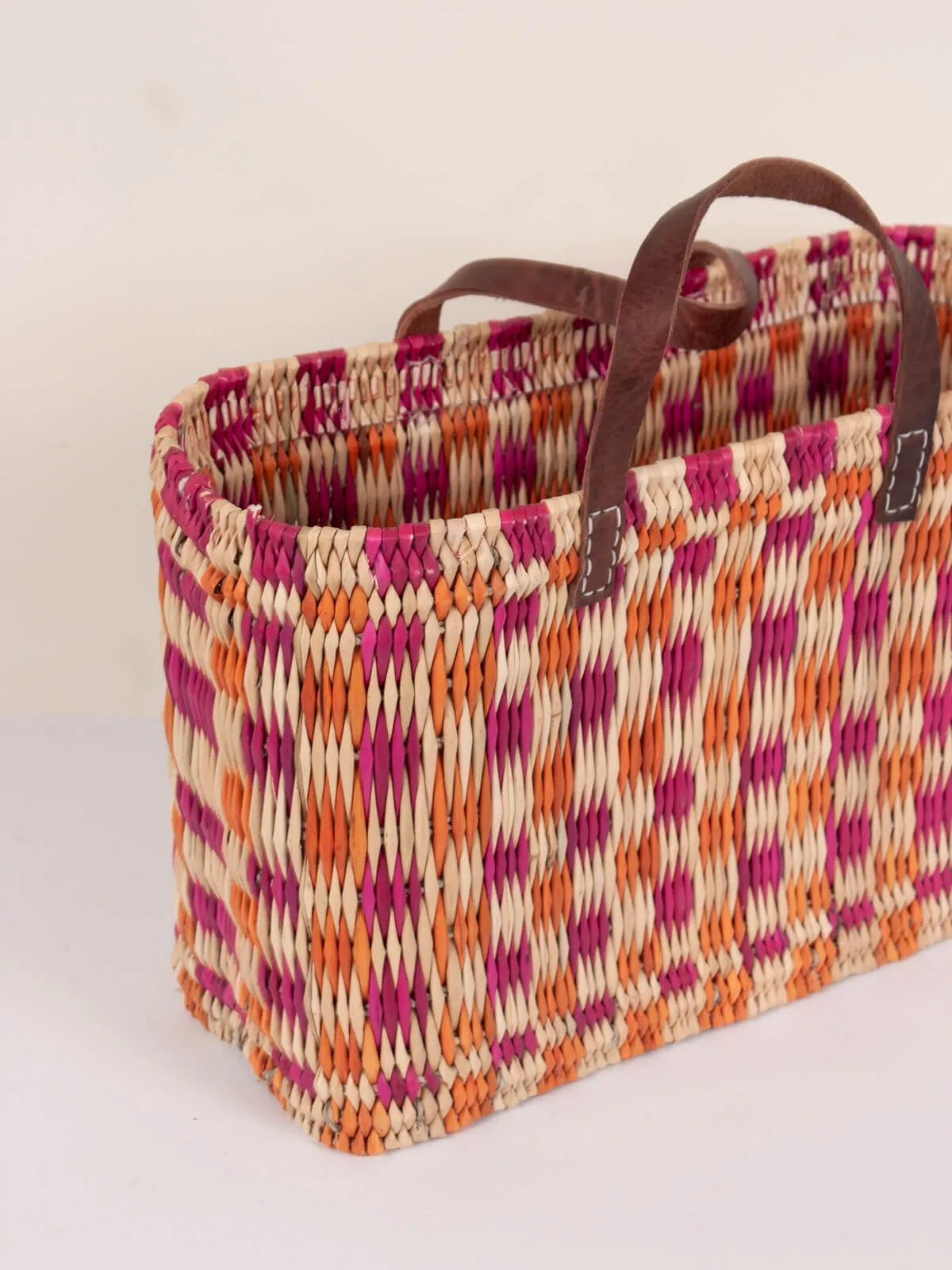 Chequered Reed Basket, Pink   Orange