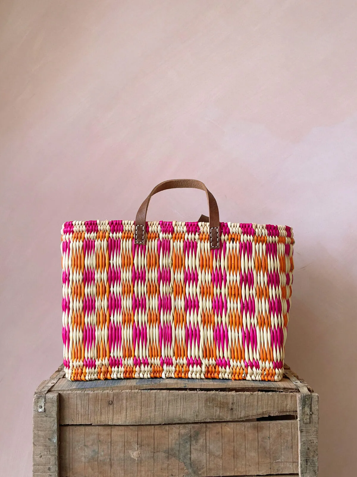 Chequered Reed Basket, Pink   Orange