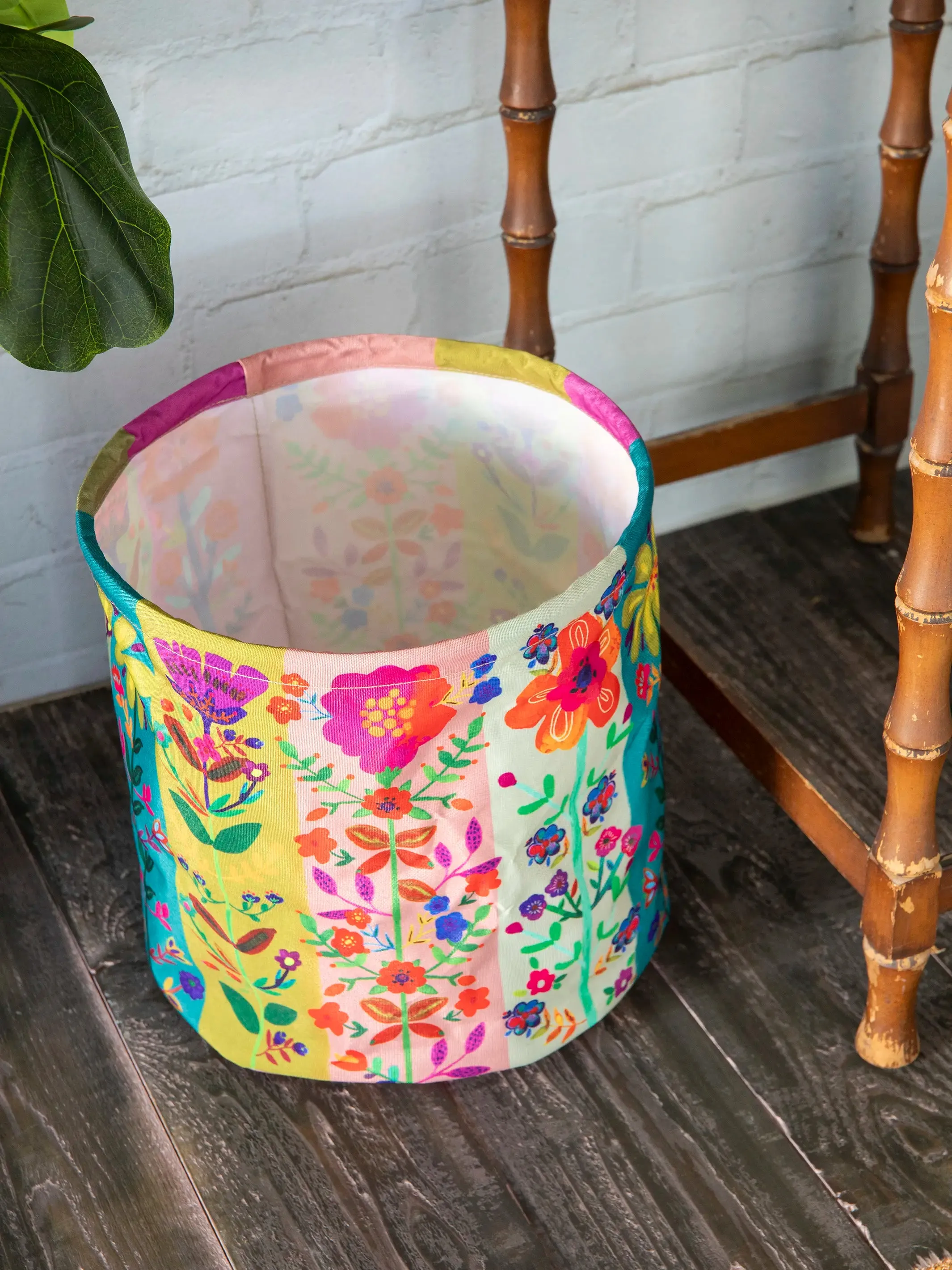 Collapsible Trash / Storage Bin - Teal Folk Flower