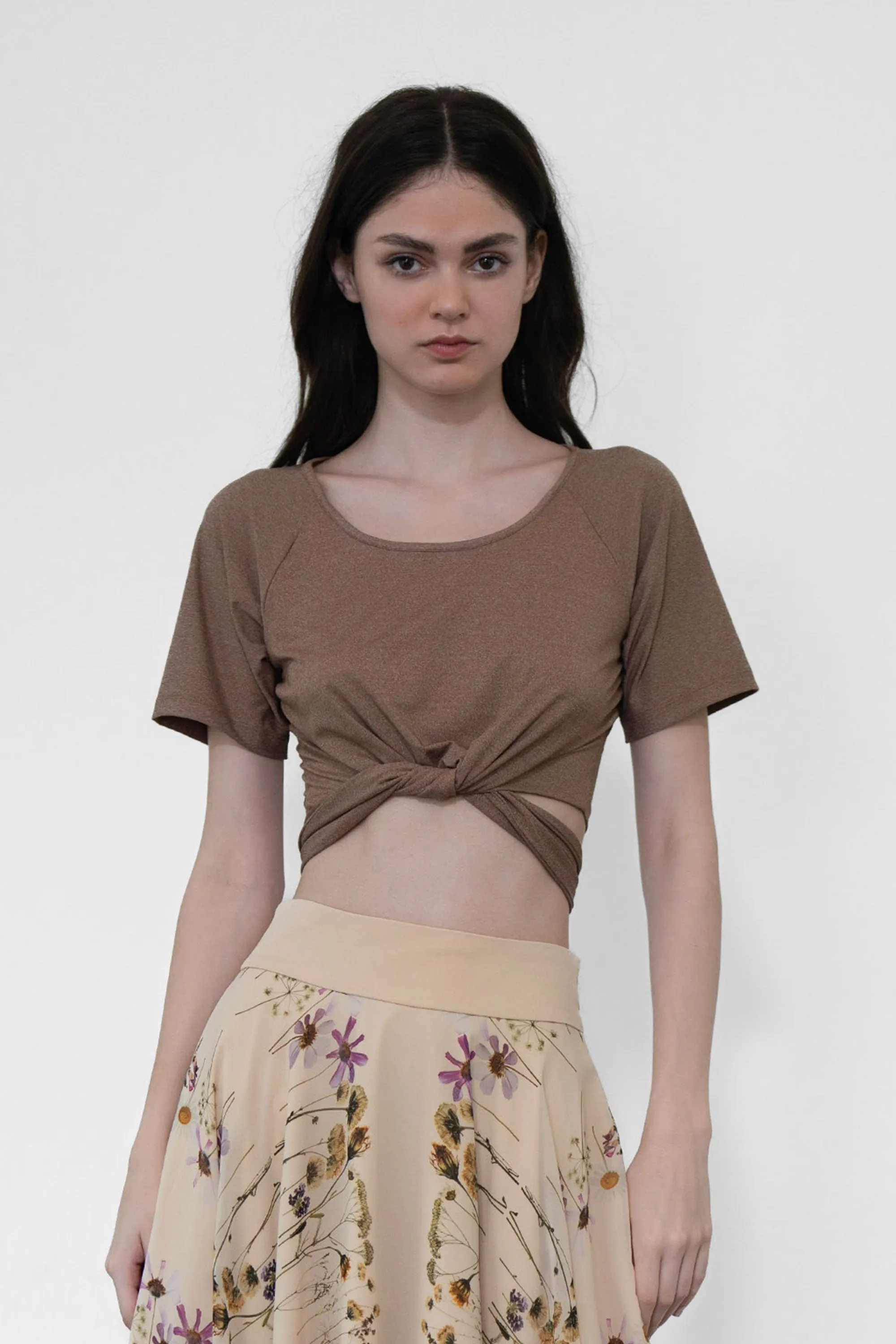 Criss-cross Cropped Wrap Top (Brown)