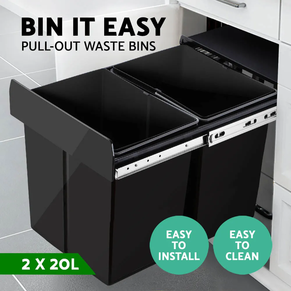 Double 20L Pull Out Kitchen Bin with Sliding Runners - Cefito