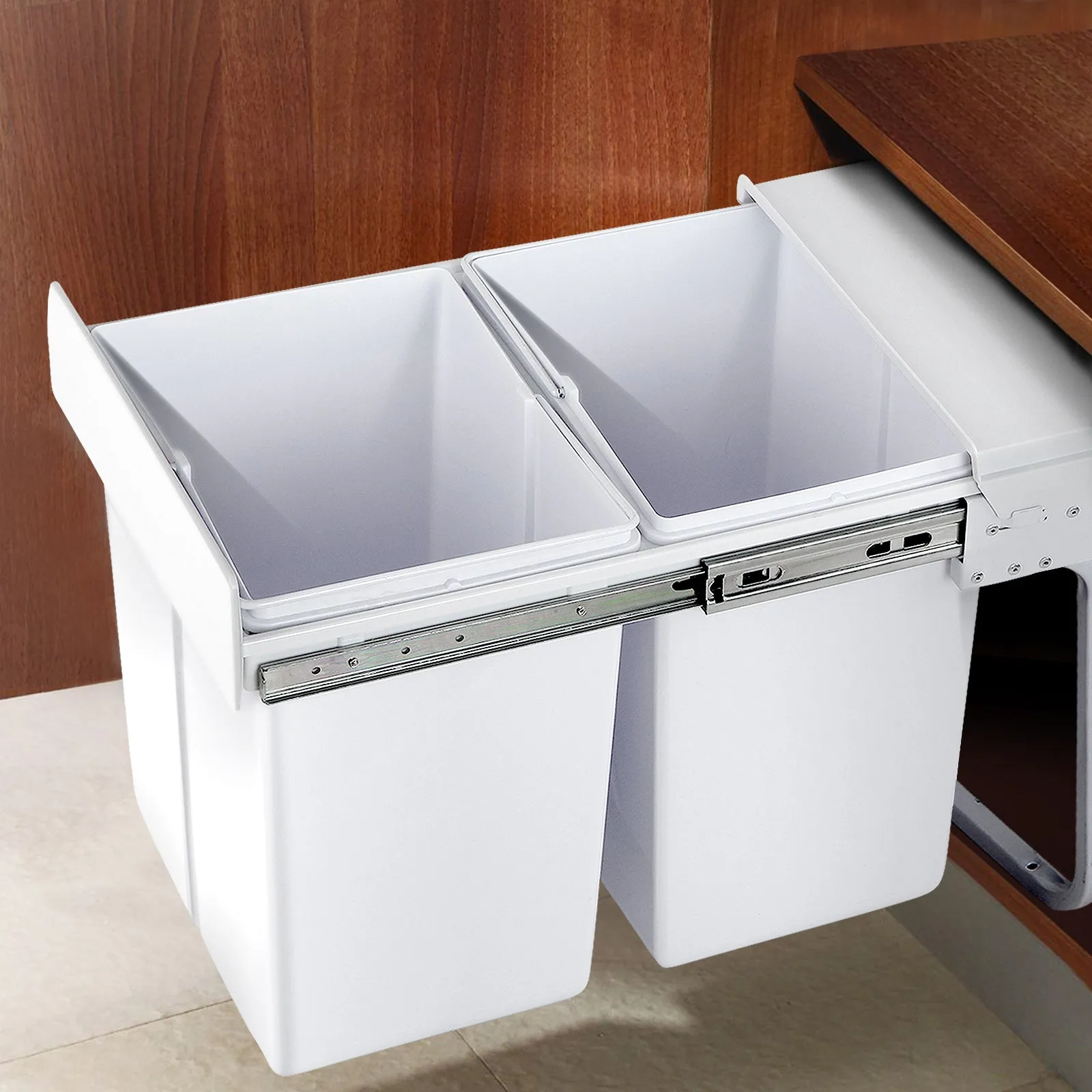 Dual 40L Pull Out Bin, Heavy Duty, White - Cefito