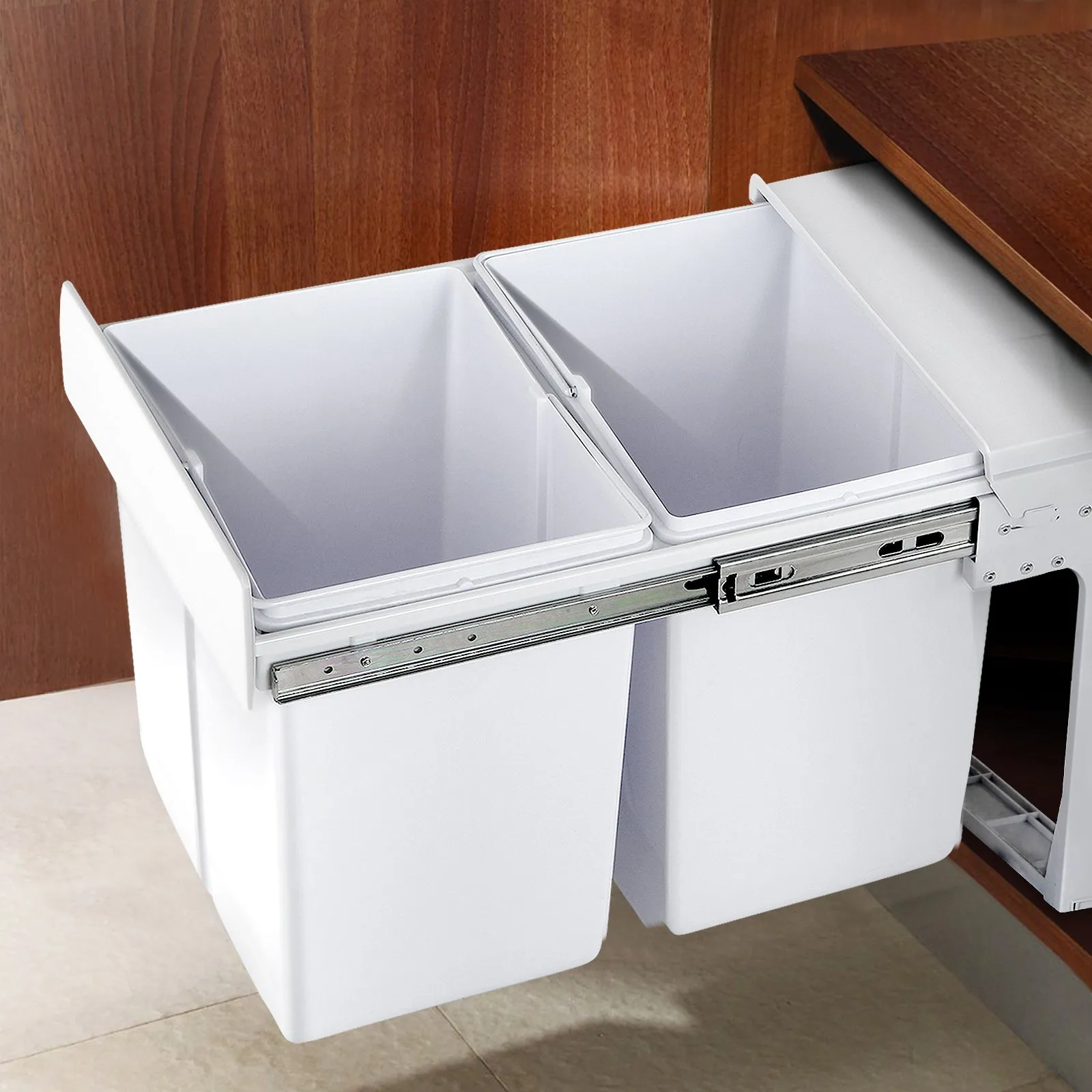 Dual Compartment Pull-Out Bin 30L White Kitchen - Cefito