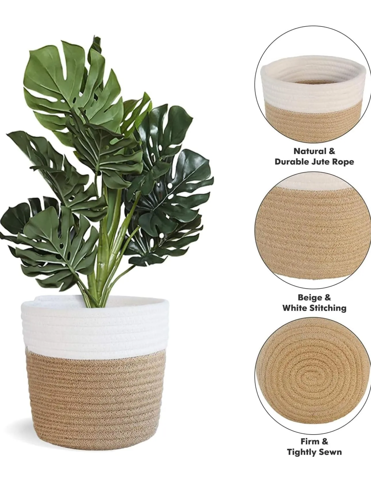 EcoBloom Woven Basket/Organizer/Planter Multipurpose Set of 2 – Natural Jute & Cotton Floral Pot Bag for Versatile Home & Office Decor (White/Beige)