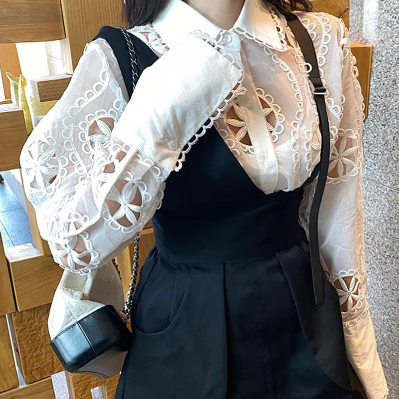 Elegant Lapel Hollow Mesh Pattern Loose Puff Sleeve Shirt