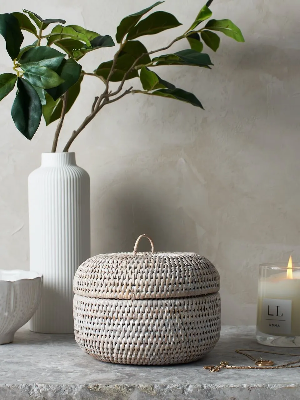 Ely Round Rattan Storage Box White