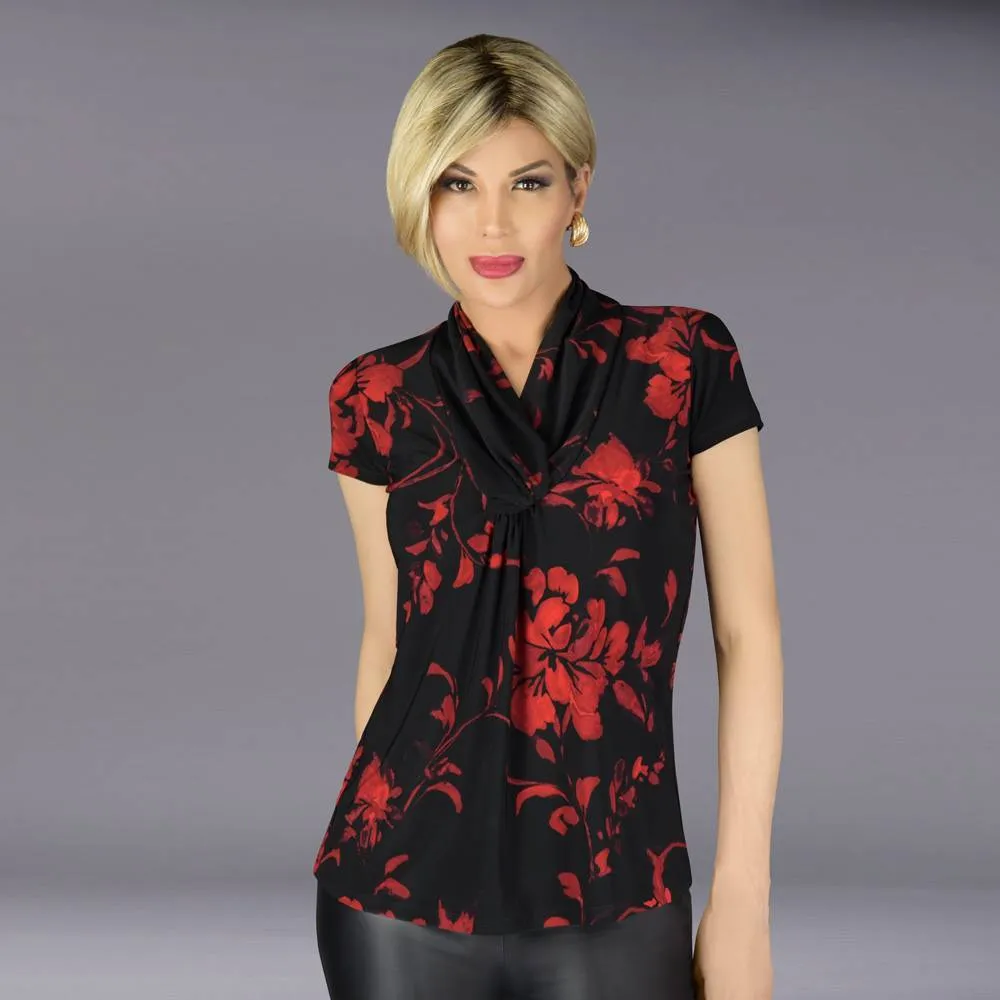 En Femme Drape Neck Top - Black-Red print