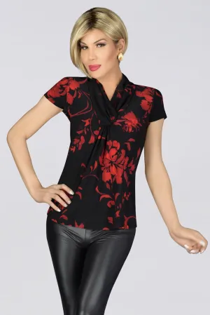 En Femme Drape Neck Top - Black-Red print