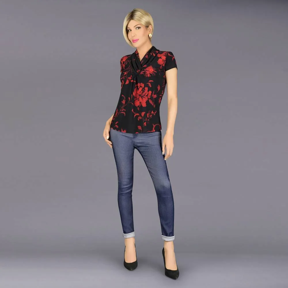 En Femme Drape Neck Top - Black-Red print