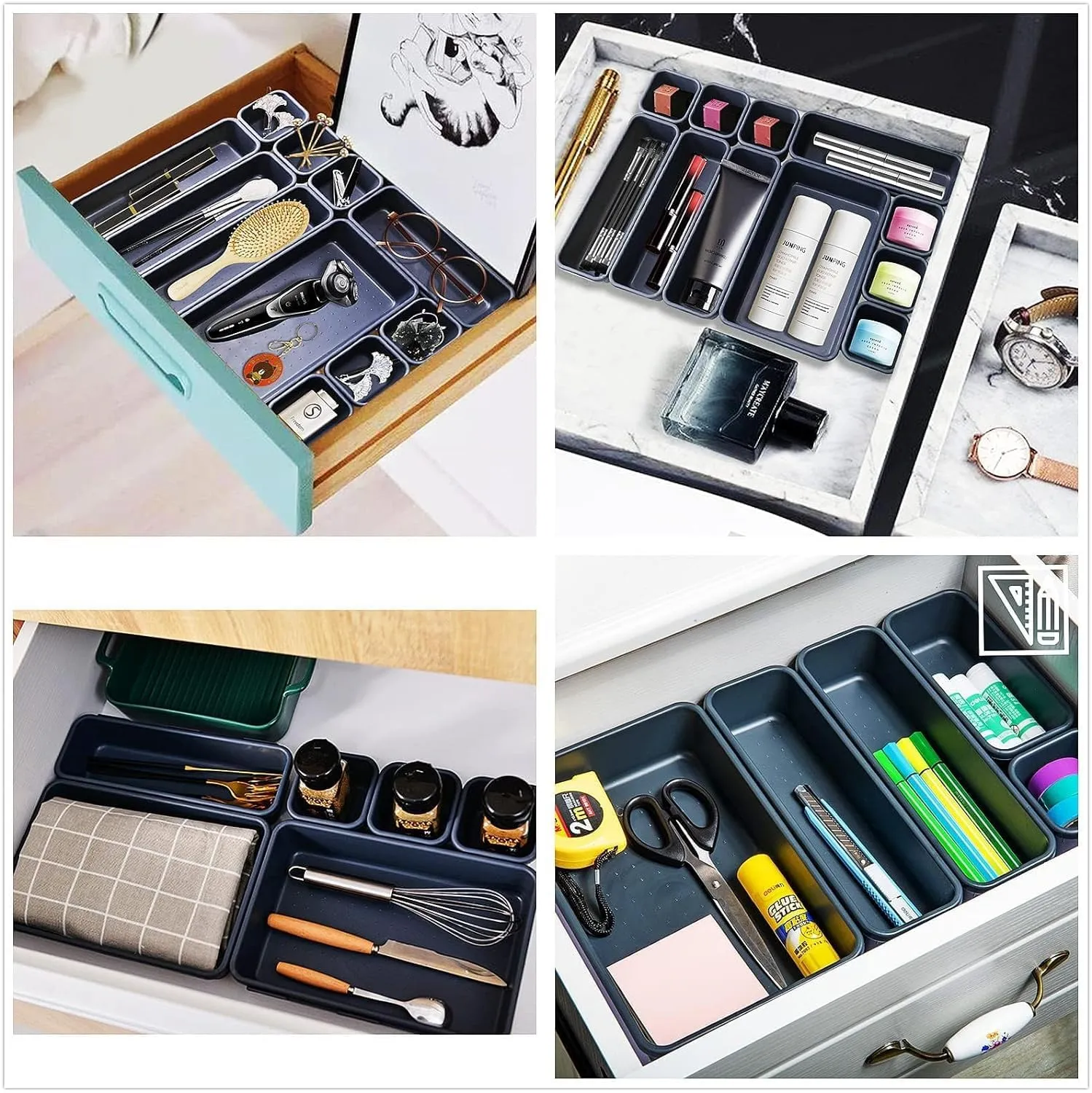 Heart Home Storage Organizer Set | Kitchen Organizer | Makeup Organizer Tray Set | Desk Drawer Divider Tray | Multi-Purpose Stationery Organizer with Interlock | 8 Piece Set | Black