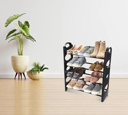 HIGH VALUE RETAIL Multipurpose 4 Shelves Shoe Rack, Foldable,12 Pairs, Metal & Plastic (Rustproof, Black)