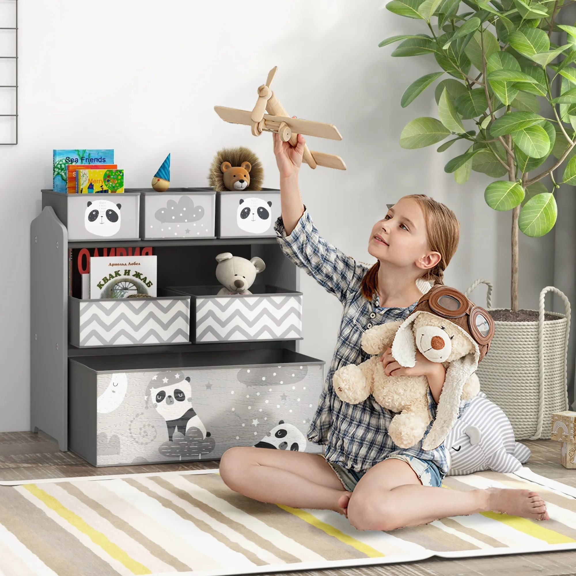 Kids Storage Unit with 6 Boxes, Toy Storage Organiser, Grey