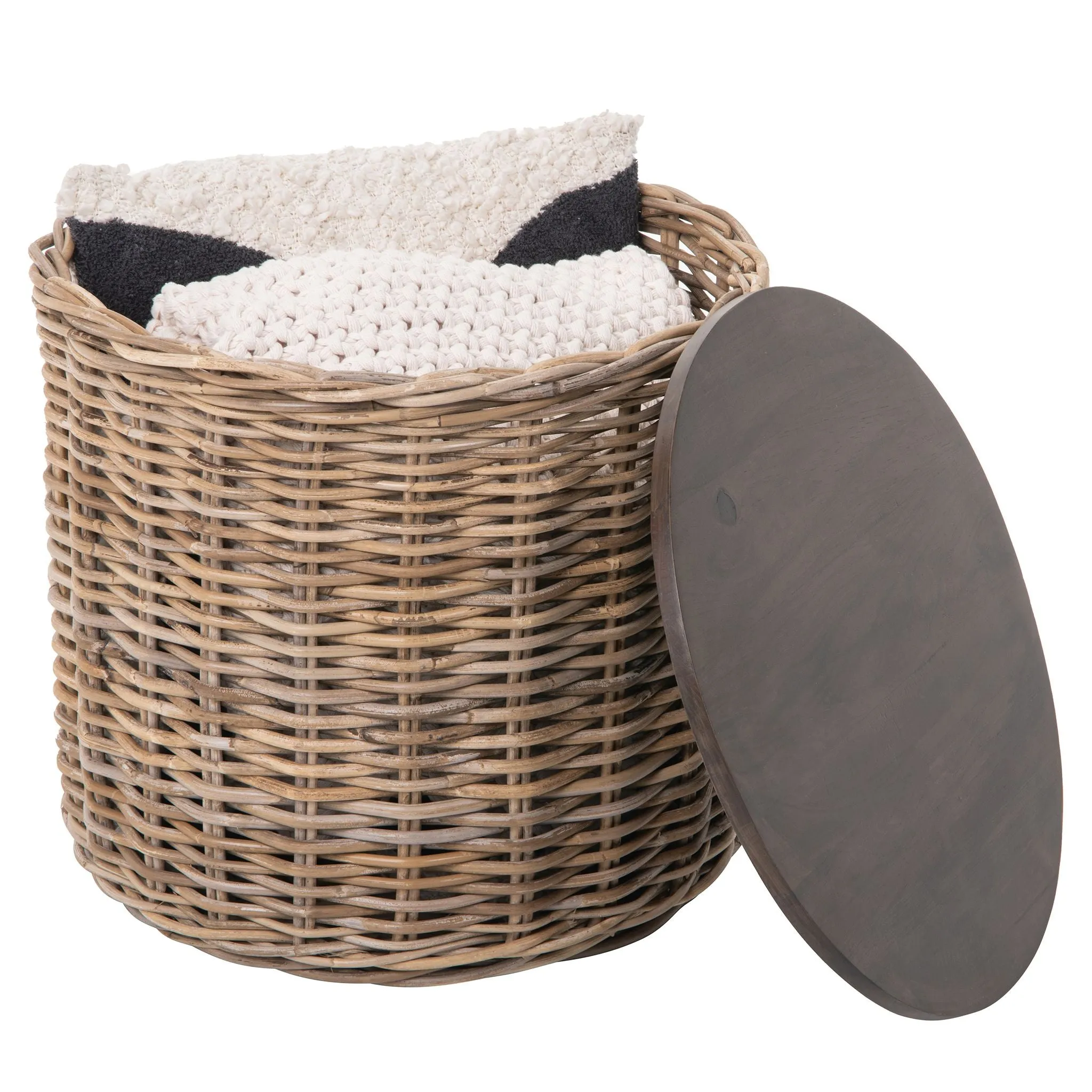 Kouboo Round Rattan Storage Basket with Wood Lid - Side or End Table with Hidden Storage