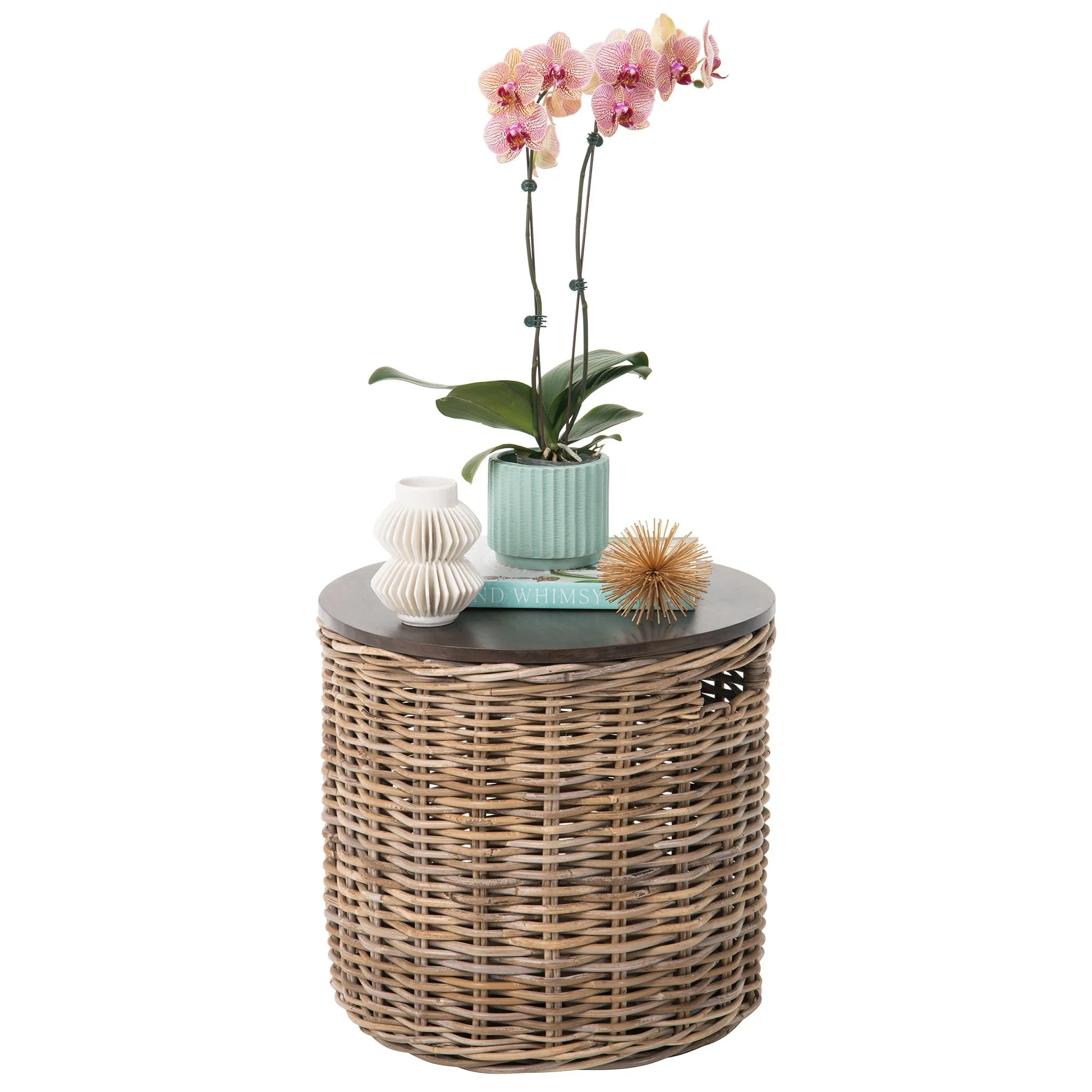 Kouboo Round Rattan Storage Basket with Wood Lid - Side or End Table with Hidden Storage