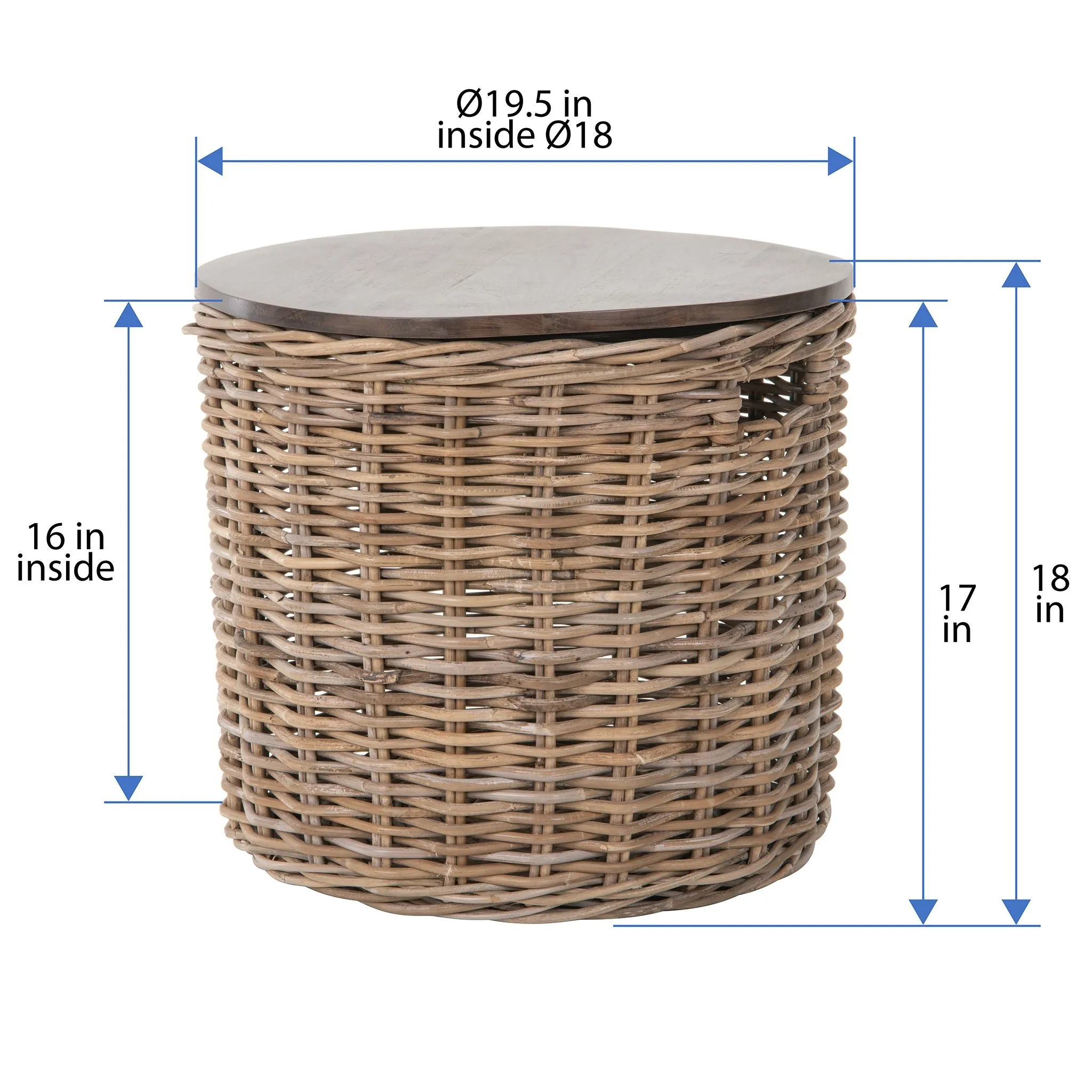 Kouboo Round Rattan Storage Basket with Wood Lid - Side or End Table with Hidden Storage