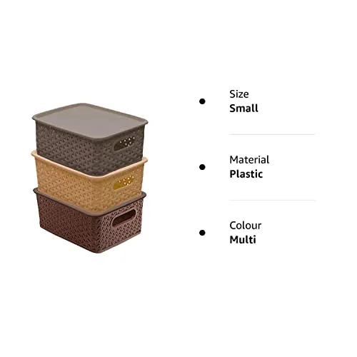 Kuber Industries Plastic Multipurpose Solitaire Storage Basket with Lid|Side Handles & Wovan Design|Size 25 x 20 x 11 CM|Pack of 3 (Multi)-CTLTC010896