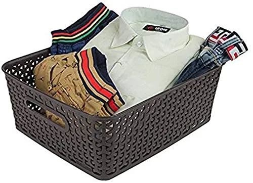 Kuber Industries Plastic Multipurpose Solitaire Storage Basket with Lid|Side Handles & Wovan Design|Size 25 x 20 x 11 CM|Pack of 3 (Multi)-CTLTC010896