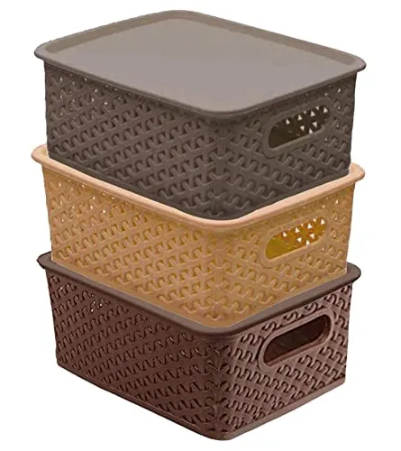 Kuber Industries Plastic Multipurpose Solitaire Storage Basket with Lid|Side Handles & Wovan Design|Size 25 x 20 x 11 CM|Pack of 3 (Multi)-CTLTC010896