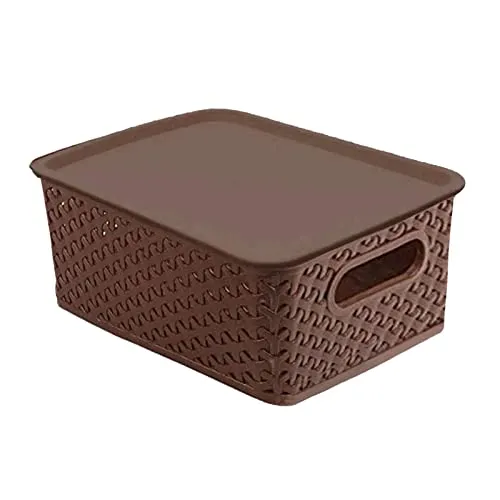 Kuber Industries Plastic Multipurpose Solitaire Storage Basket with Lid|Side Handles & Wovan Design|Size 25 x 20 x 11 CM|Pack of 3 (Multi)-CTLTC010896