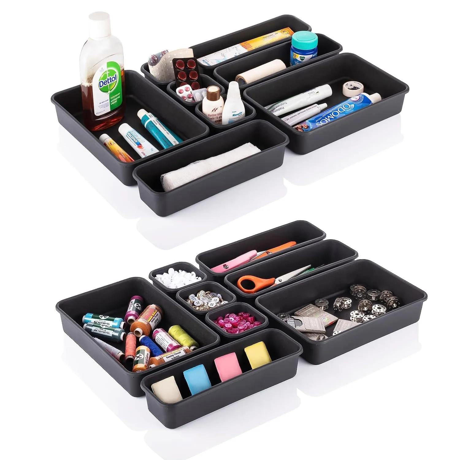 Kuber Industries Storage Organizer Set | Kitchen Organizer | Makeup Organizer Tray Set | Desk Drawer Divider Tray | Multi-Purpose Stationery Organizer with Interlock | 16 Piece Set | Black